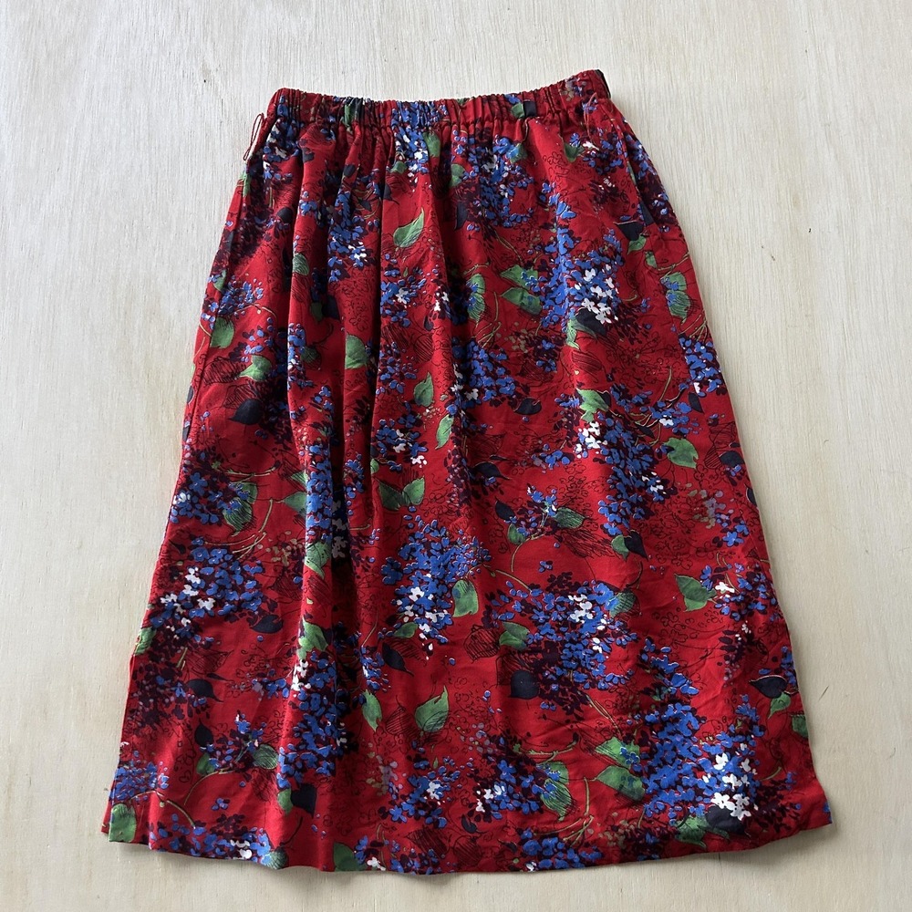Vintage Isaac Hazan Skirt Womens Small Red Floral A-Line Midi Elastic Waist